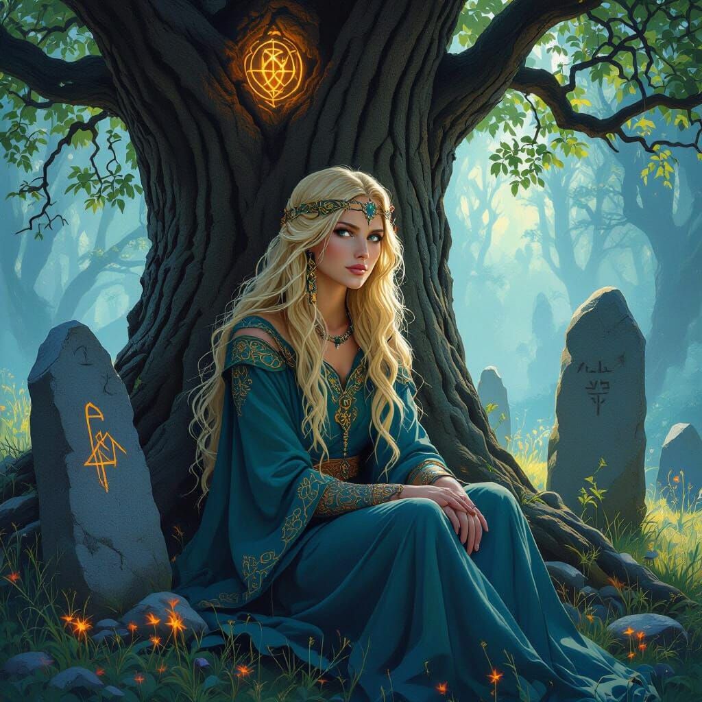 Celtic Druidess Under Ancient Oak, Ethereal Art