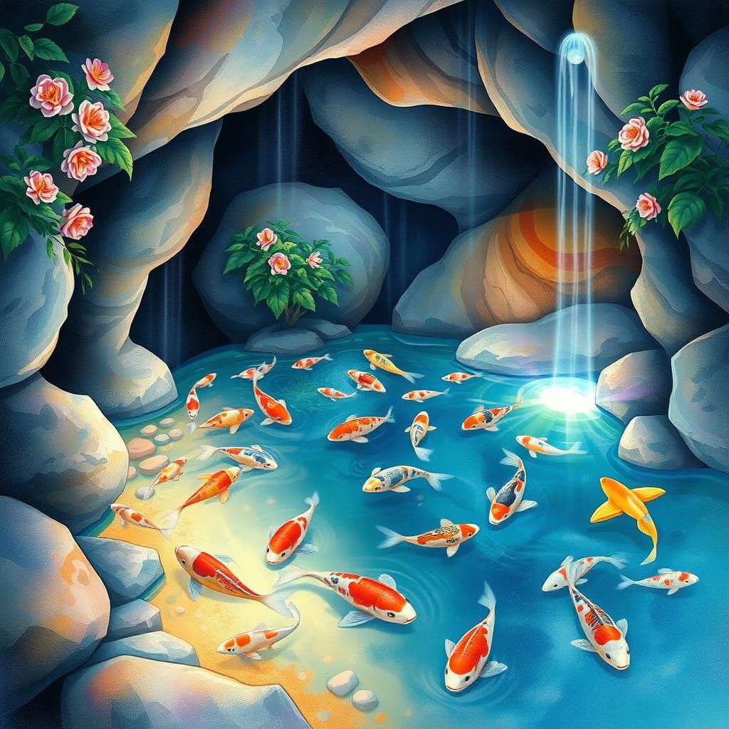 Whimsical Watercolor Fantasy: Hidden Grotto Koi Pond