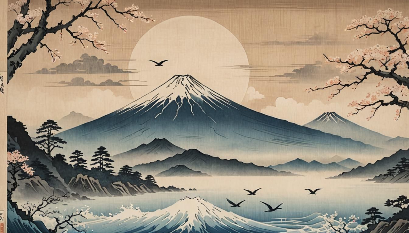 Mount Fuji: Ukiyo-e Landscape in Pastel Hues