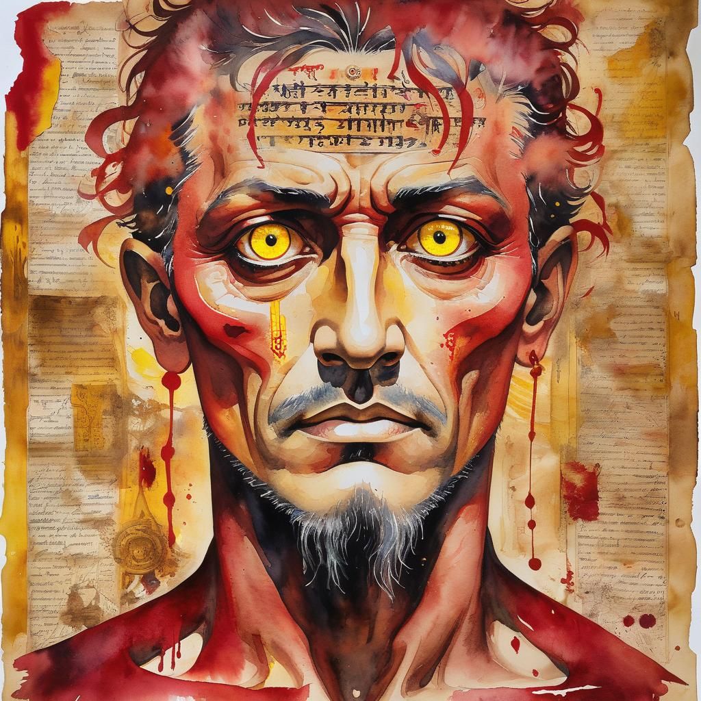 Sinister Red Man Watercolor with Ancient Symbols