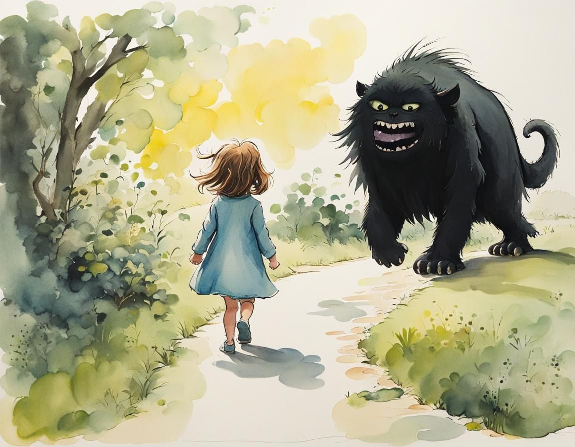 Charming Storybook Girl Followed by Dark Creature