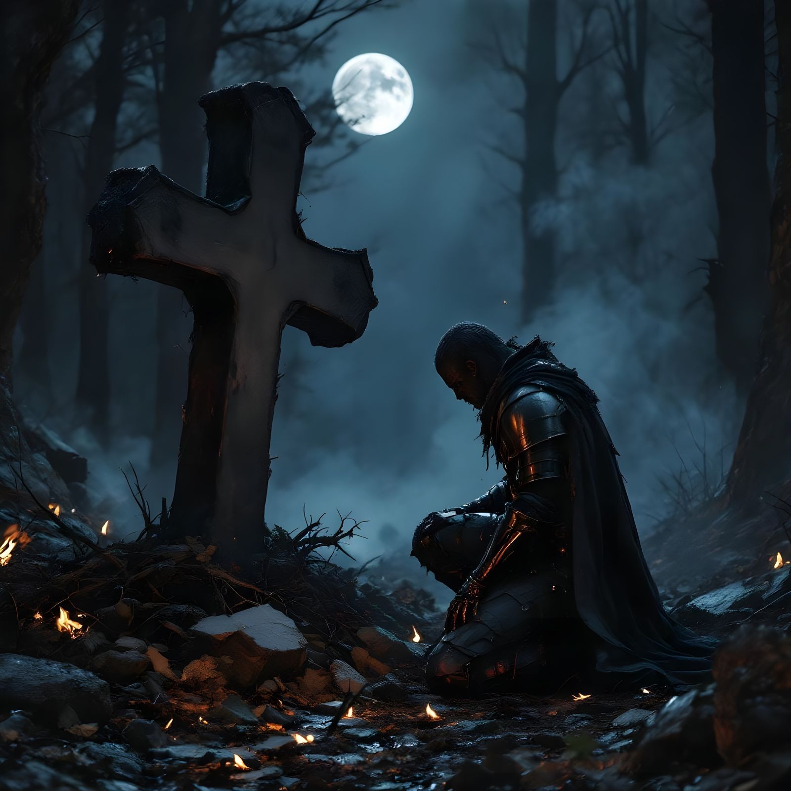 Warrior Kneeling Before Cross in Forest Clearing