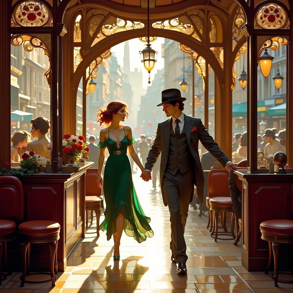 Parisian Cafe Scene in Art Deco Style