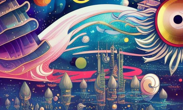 Detailed Cosmic City in Space, Studio Ghibli Style