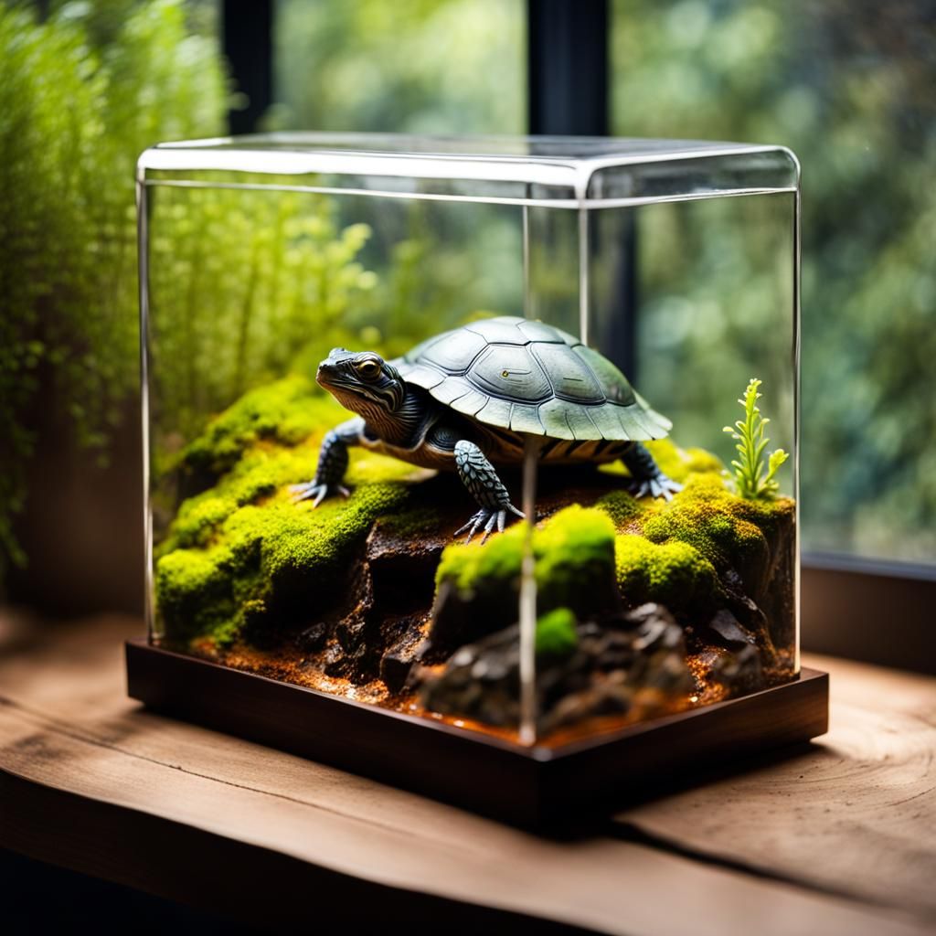 Baby Map Turtle in Cosy Terrarium: Watercolor Sketch