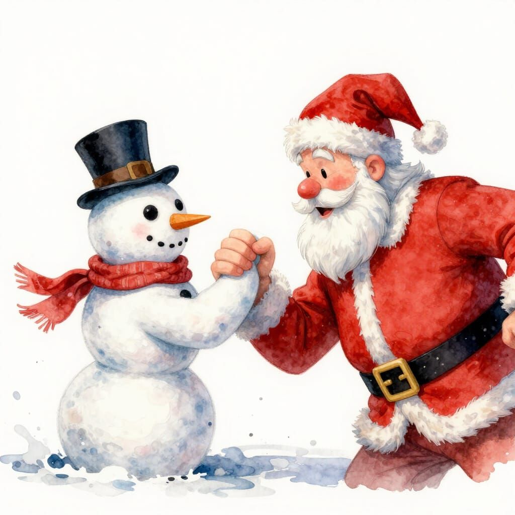 Snowman vs. Father Christmas Arm Wrestling in Watercolor