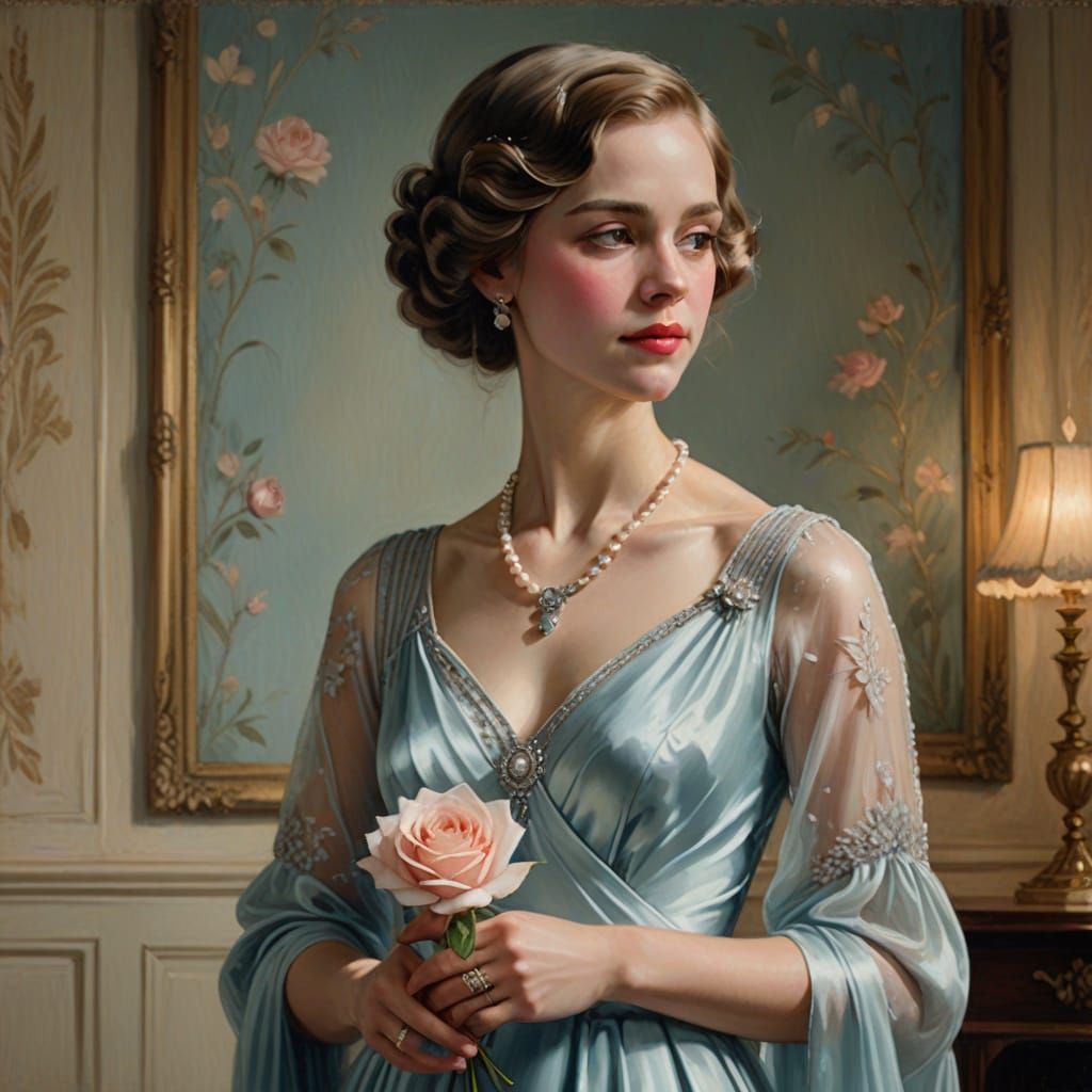 Woman in Blue Gown: A Photorealistic 1920s Portrait