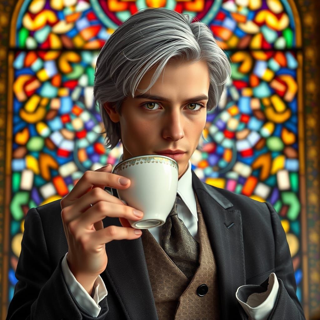Elegant Man Sipping Tea by Stained Glass