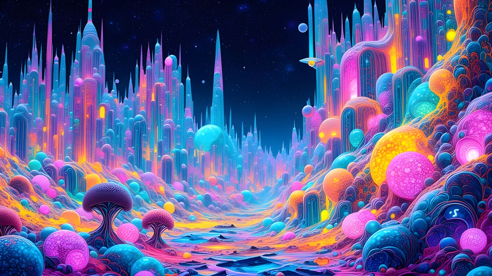 Prismatic Cyborg Woman in Futuristic Cosmic Resort