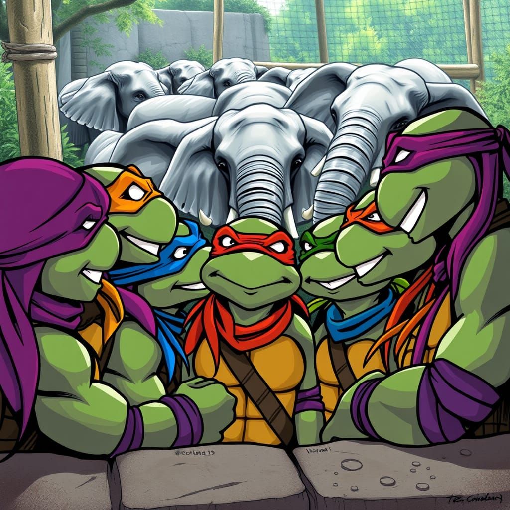 Ninja Turtles Marvel at Elephants in Vibrant Zoo Scene