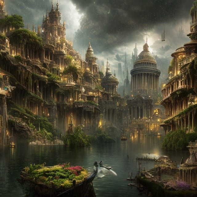 Futuristic City with Floating Gardens: Digital Matte Paintin...
