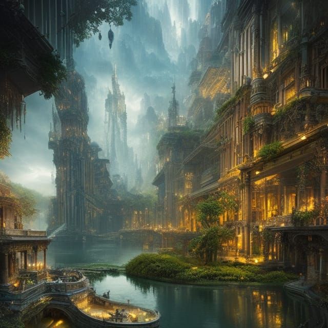 Futuristic City with Floating Gardens: Digital Matte Paintin...