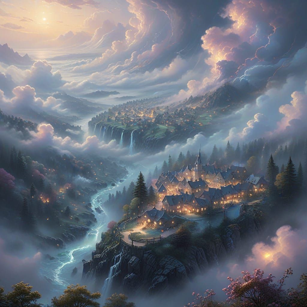 Ethereal Misty Sky Aerial View in Pastel Colors