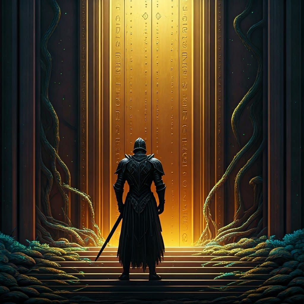 Black Knight Guarding a Gilded Entrance