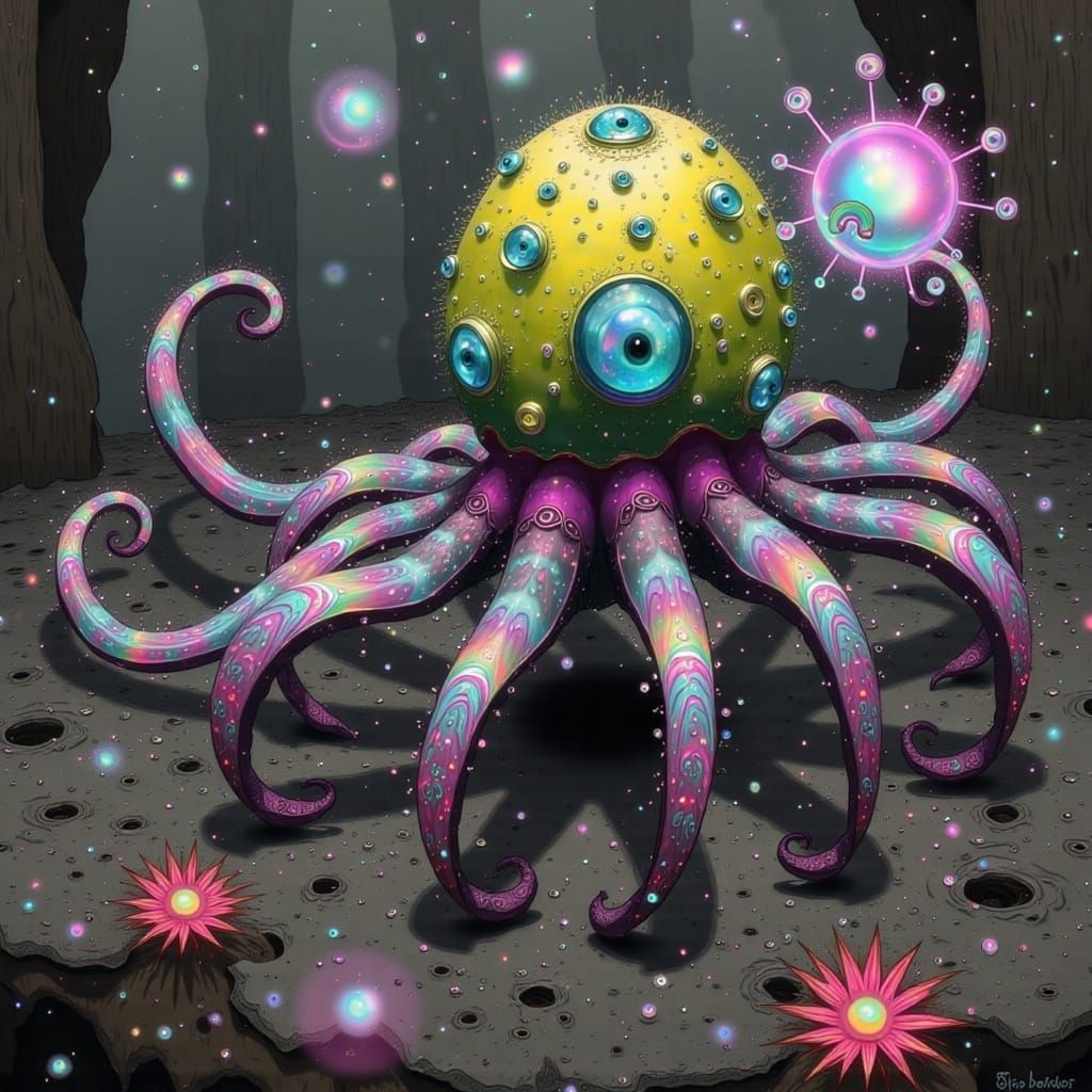 Surreal Sunshine Yellow Octo-Spider Fusion in Whimsical Stor...