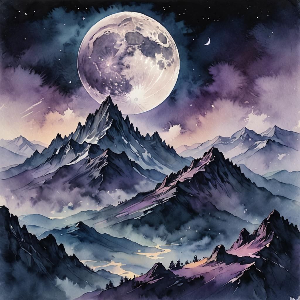 Ethereal Moon Over Misty Mountains in Watercolor Style