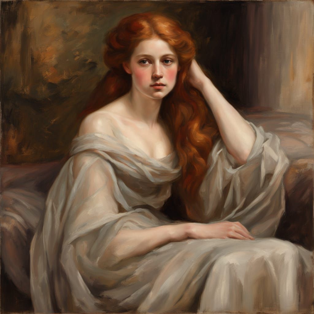 Victorian Oil Painting of Composed Auburn-Haired Woman