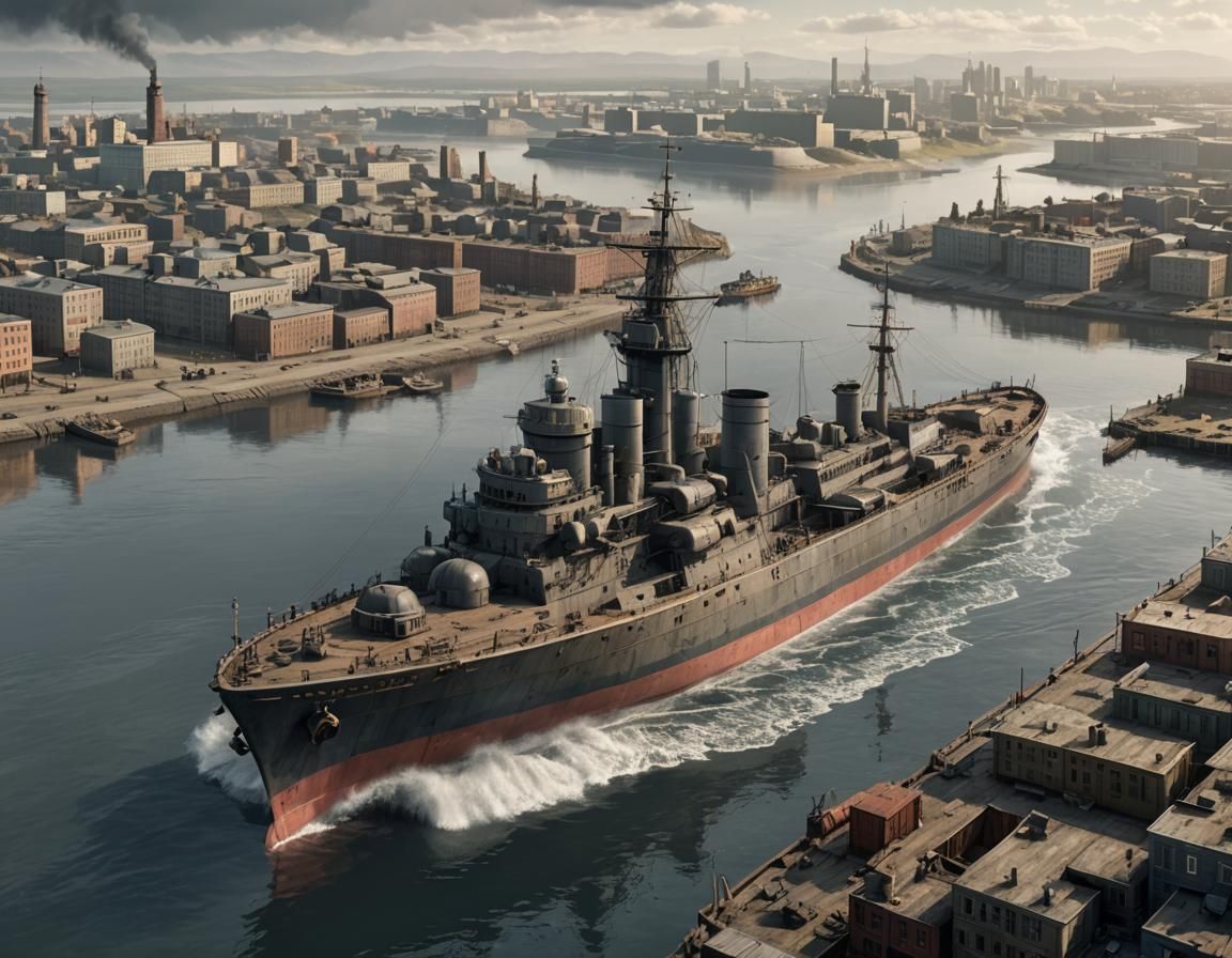 Dieselpunk Warship in Norilsk Cityscape