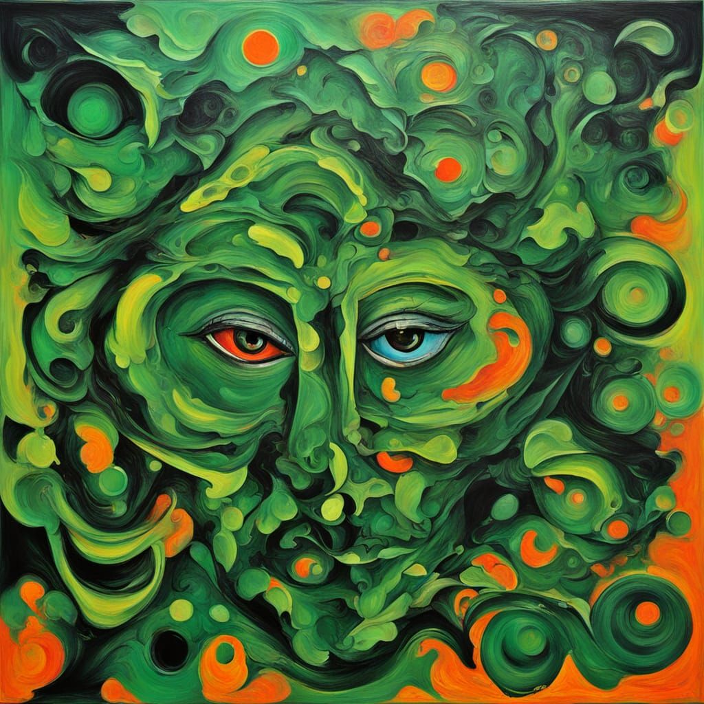 Surreal Abstract Painting of Fiery Green Onyx