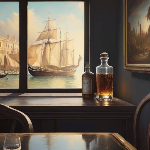 Masterpiece Oil Painting of Rum Glass in Venetian Light