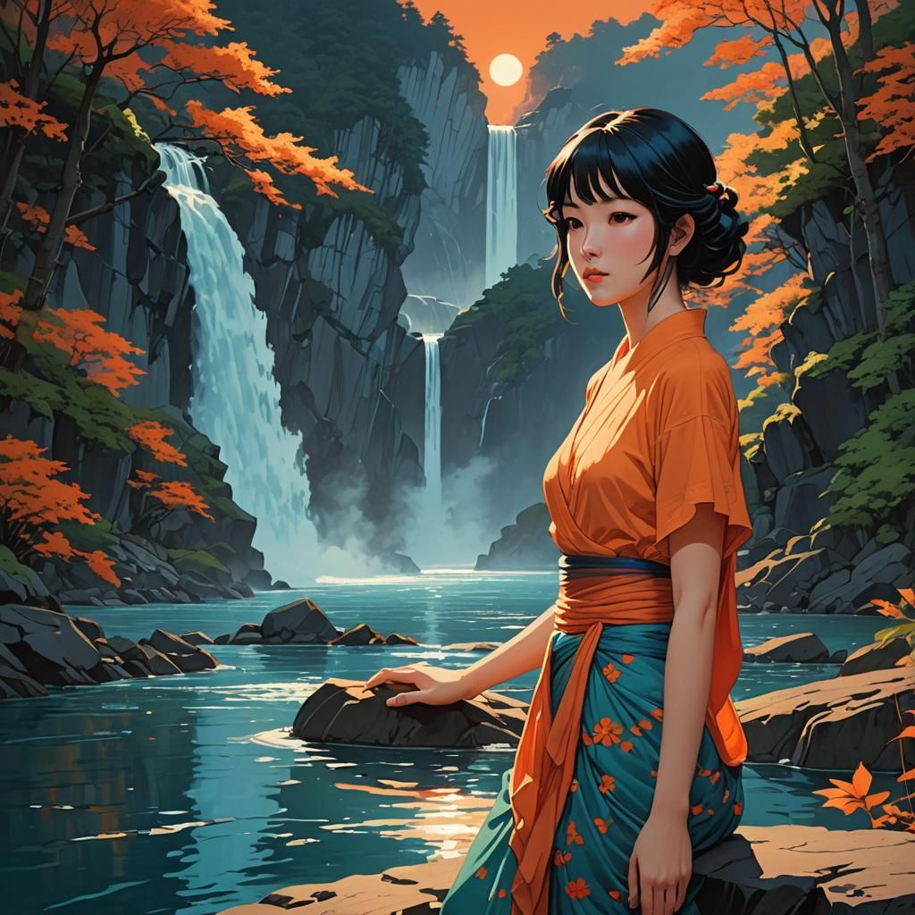 Anime-Style Woman with Water Dragon Digital Painting