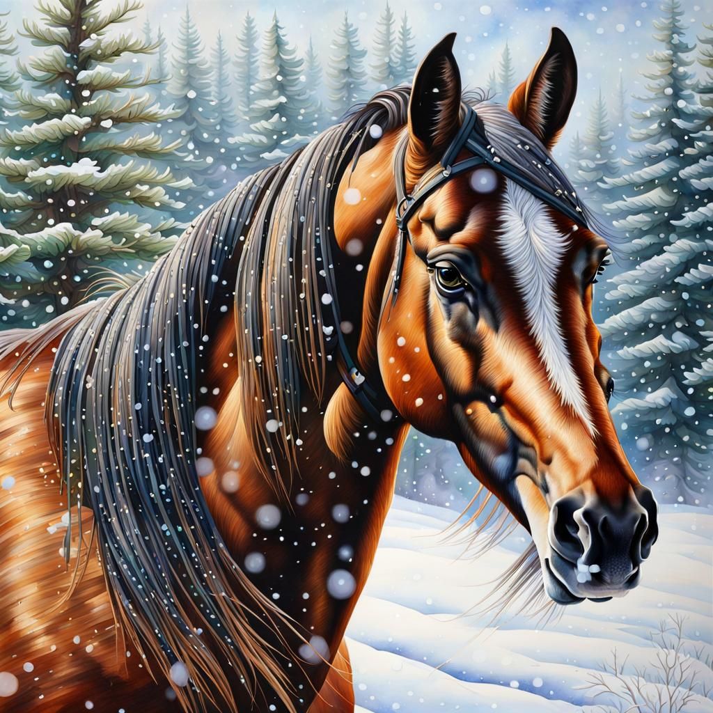 Roan Horse in Winter Prairie Watercolor