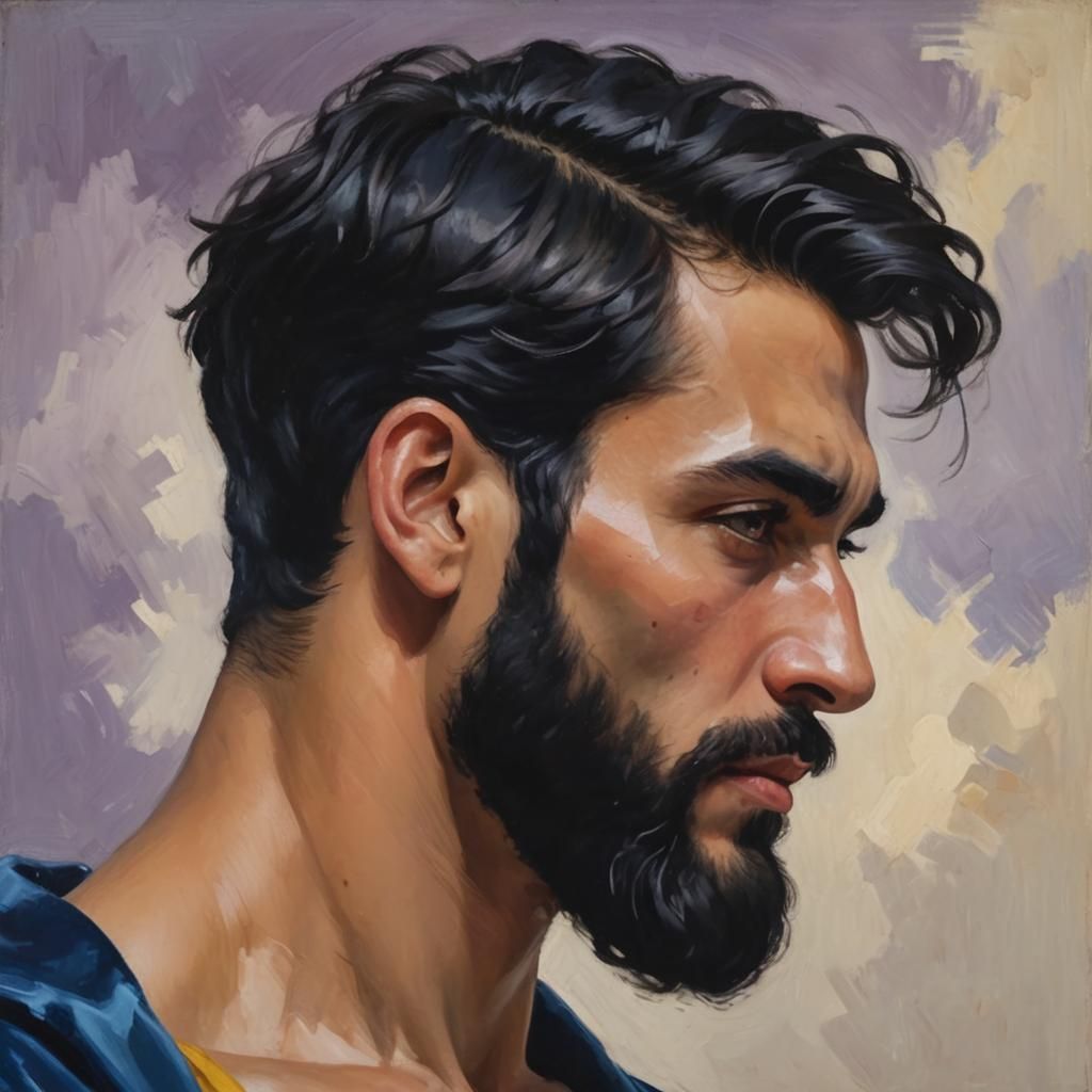 Bearded Man in Blue Robe: Impressionist Maximalist Portrait