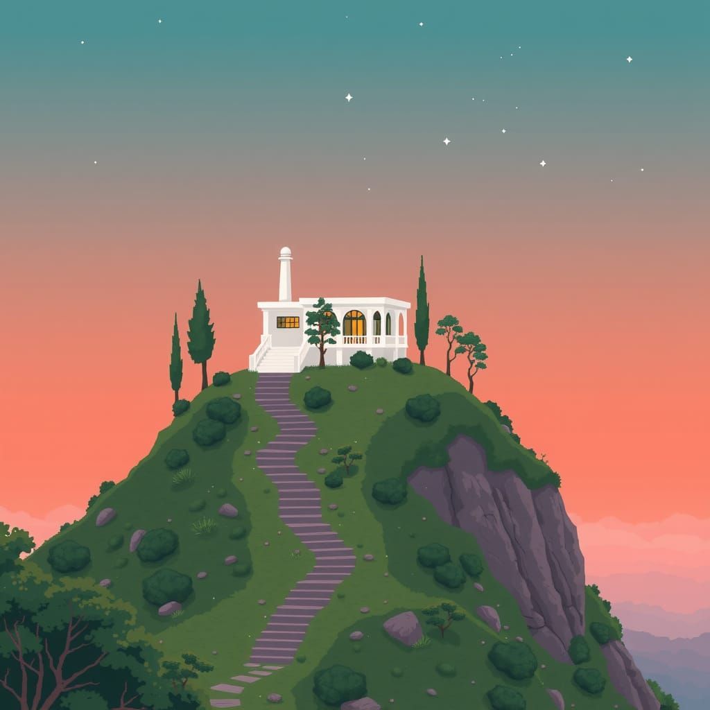 Minimalist Villa on Hill in 8-Bit Pixel Art