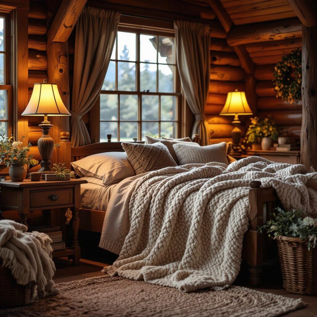 Cozy Cabin in Warm Lamplight with Knitted Blankets