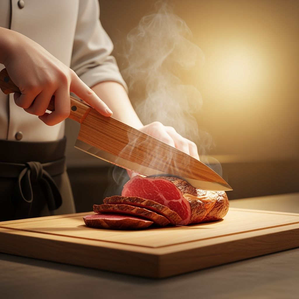 Wooden Chef Knife Slices Steak in Minimalist Kitchen
