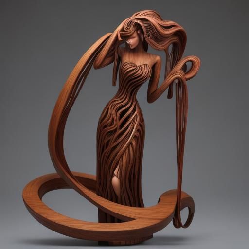 Ethereal Wood Sculpture of a Woman Ensnared in Whirlpools