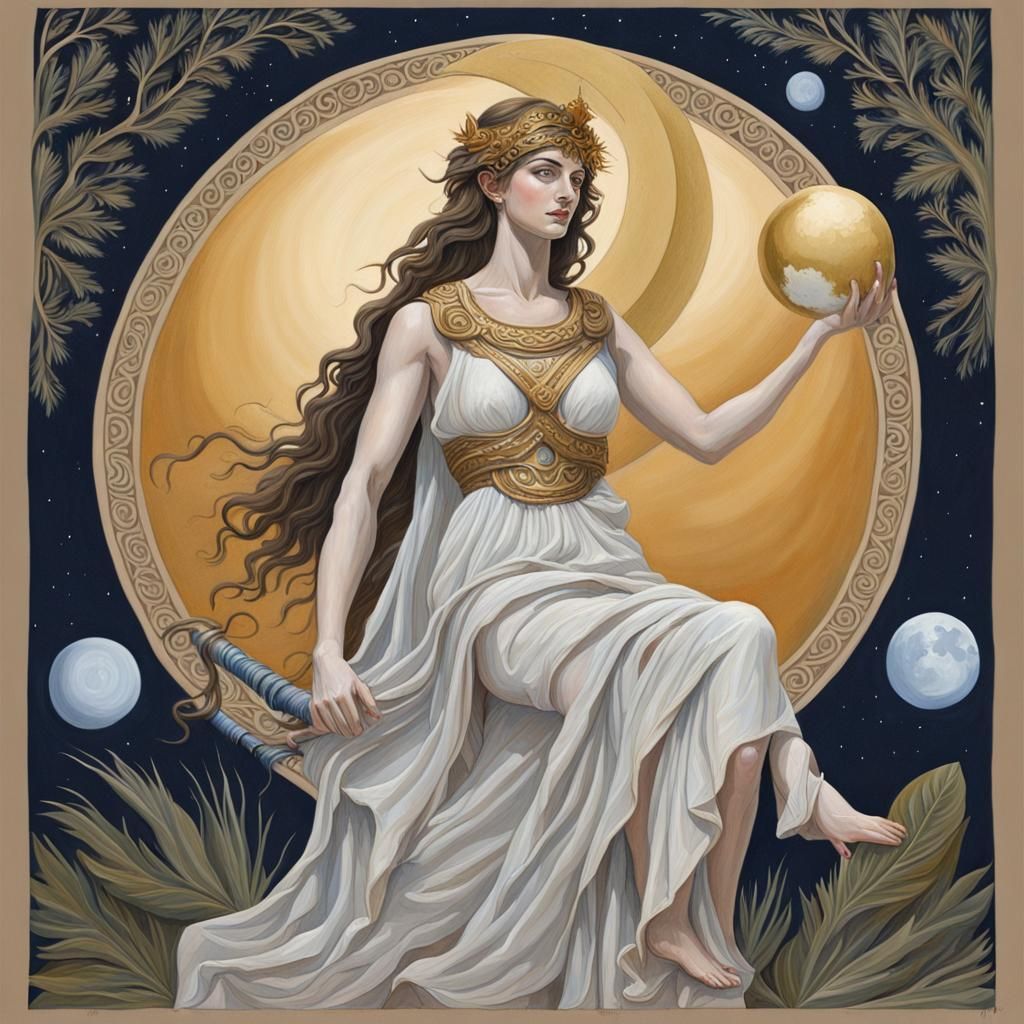 Artemis, Greek Moon Goddess, Gouache Painting
