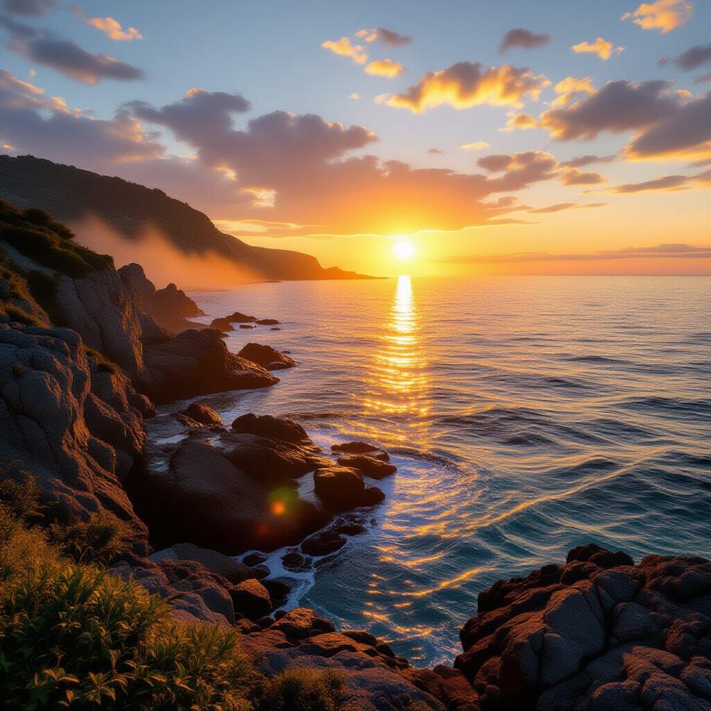 Cinematic Golden Sunset Over Rocky Seaside Cliffs