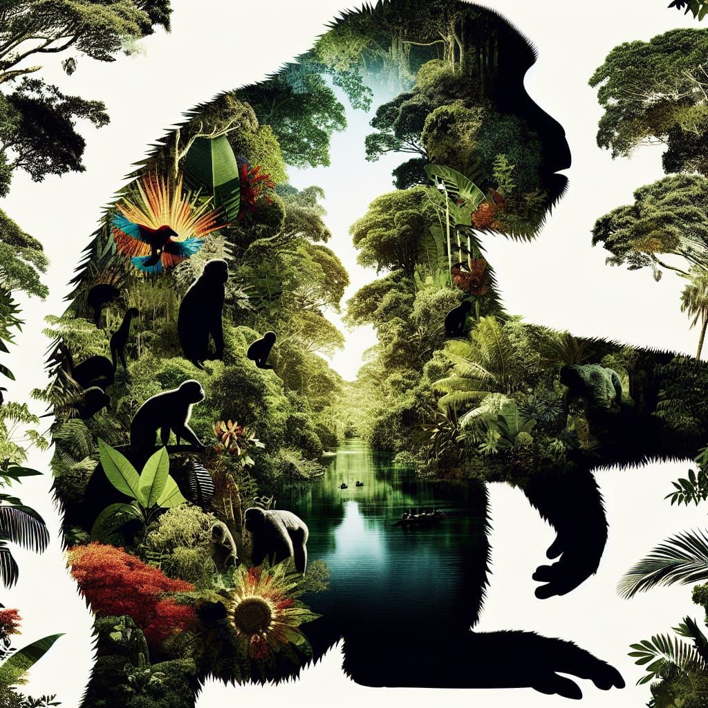 Vivid Rainforest Collage Art with Howler Monkey Silhouette