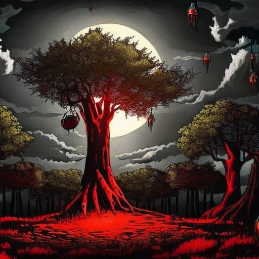 Eerie Forest at Night with Red Moon, Dark Fantasy Art