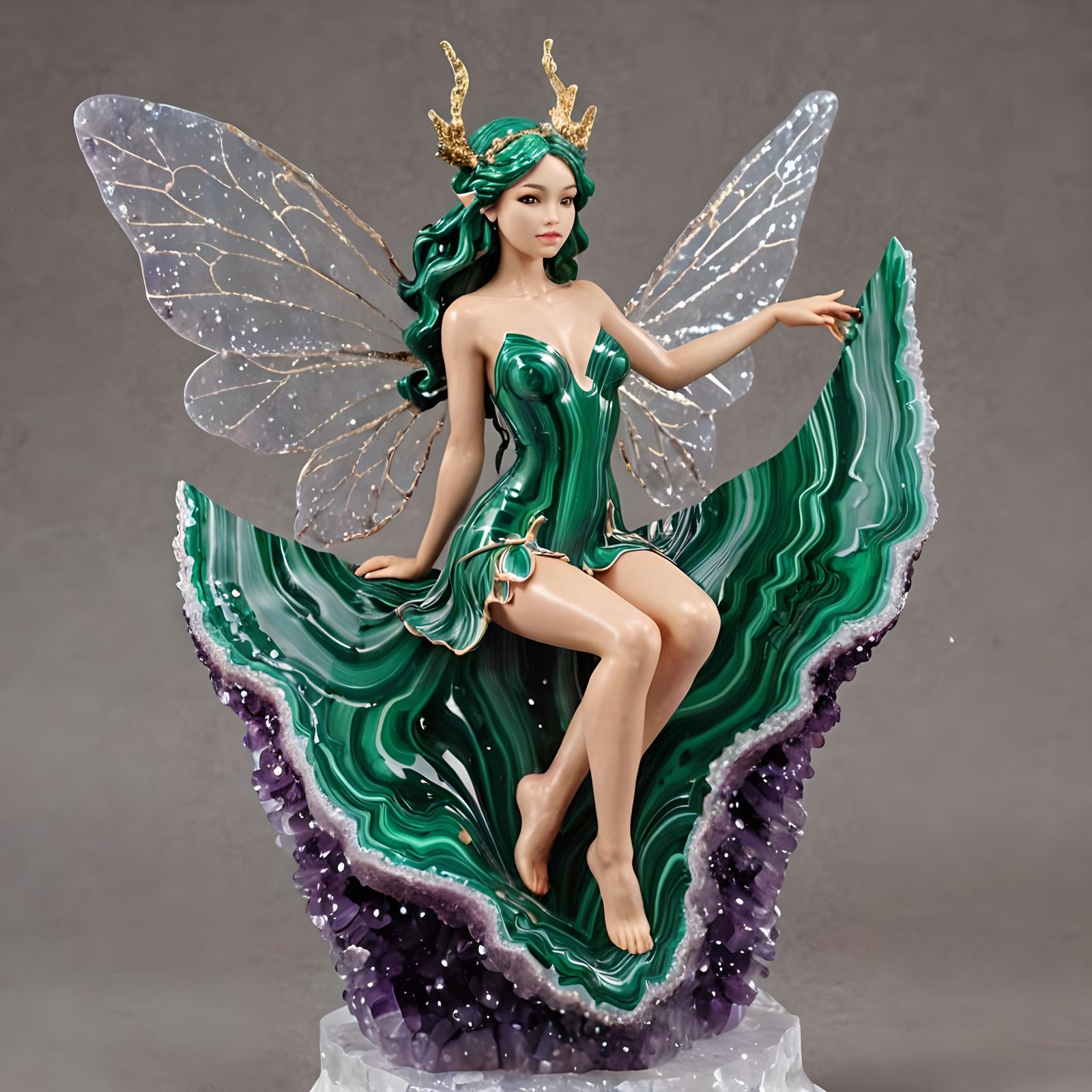 Malachite Fairy Sculpture on Amethyst Geode