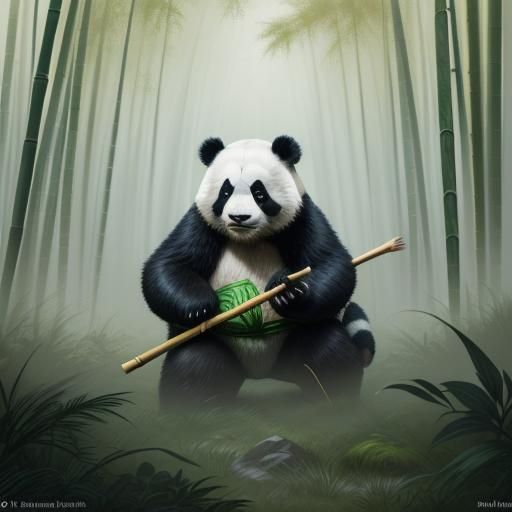 Panda Eating Bamboo in Misty Forest Oil Painting