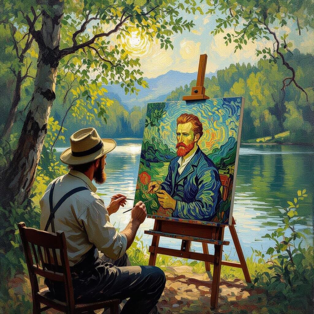 Painter Paints Self Painting in Forest by Lake