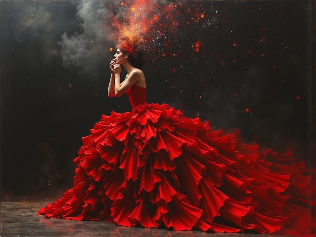 Cosmic Revelation in Ruffled Gown