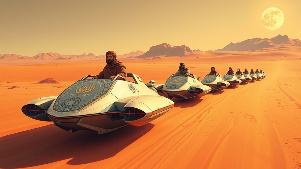 Futuristic Muslim Nomads on Mars in Cyberpunk Style