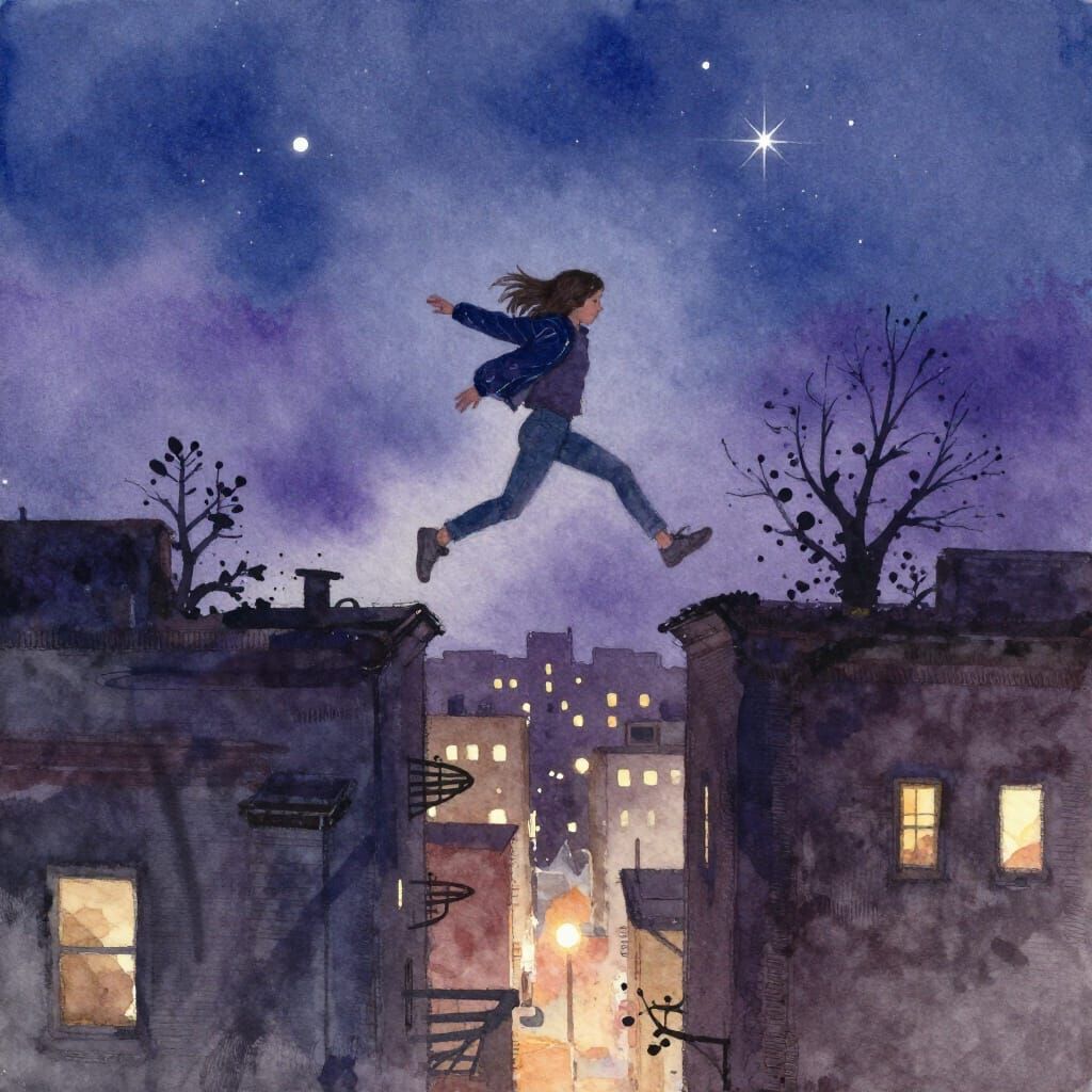 Girl Leaping City Rooftops in Expressive Watercolor Style
