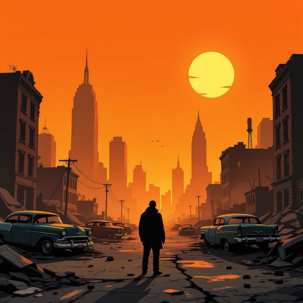 Apocalyptic Cityscape: Lone Figure in Comic Book Style