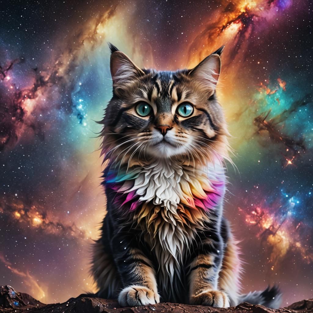 Rainbow Fur Cat with Milky Way Eyes