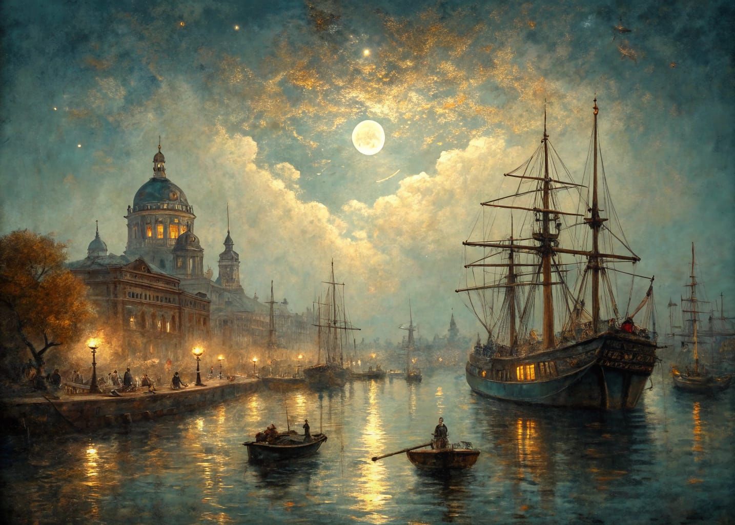 Gentle Nighttime Harbour Scene in Antique Grunge Oil Paintin...