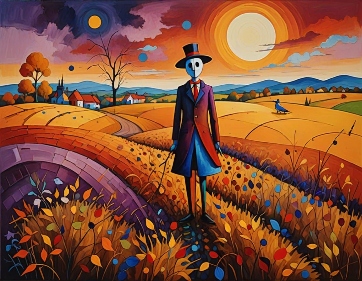 Surreal Autumn Scarecrow Painting in Miro Dali Style