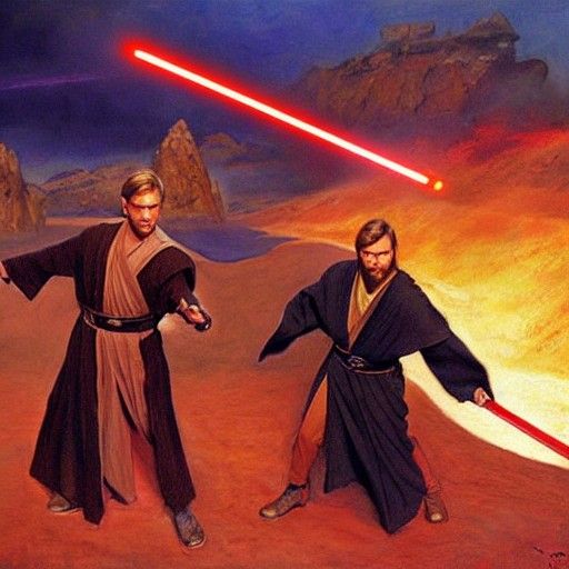 Anakin and Obi-Wan Duel on Mustafar in Oil Painting Style