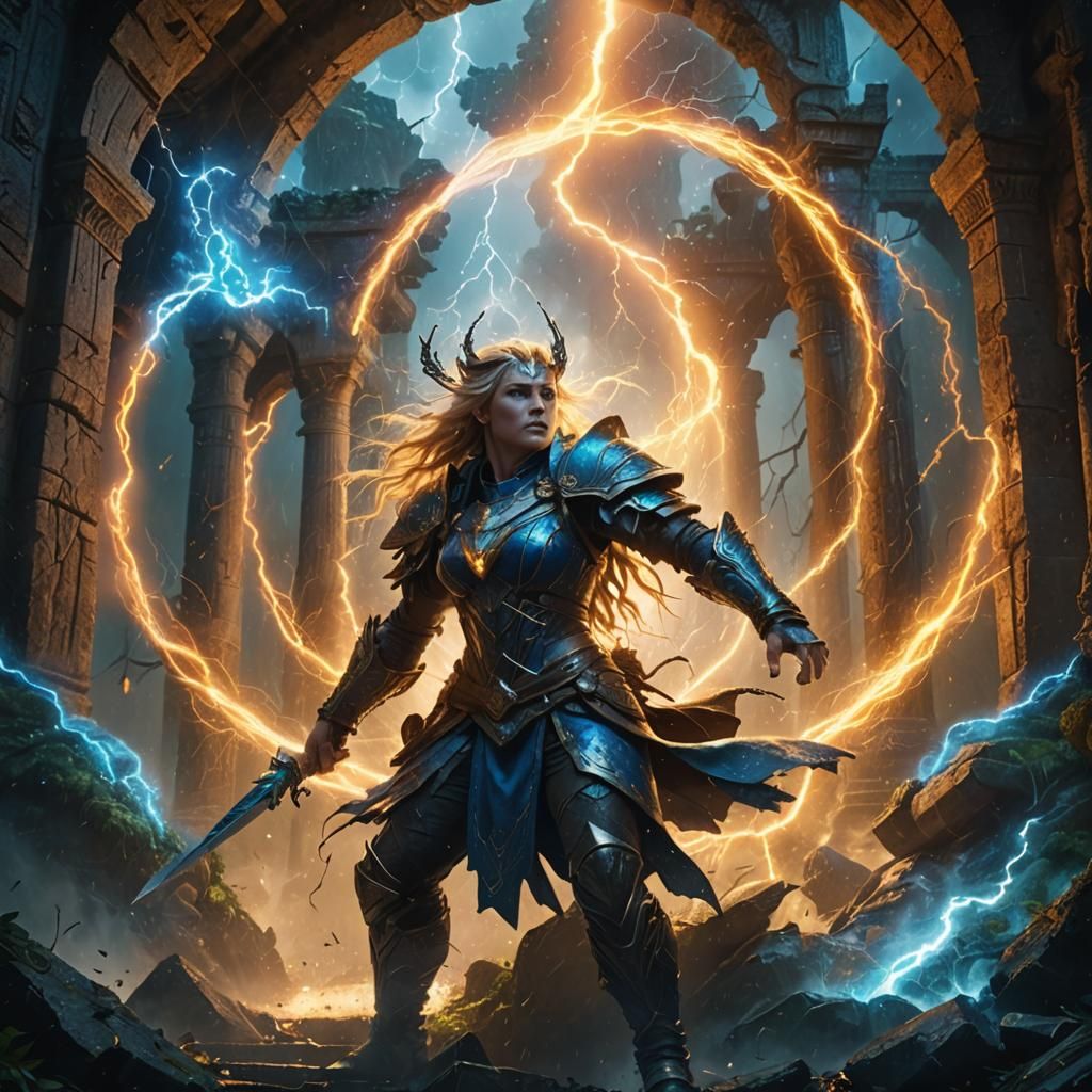 Storm Sorceress Channels Lightning in Ancient Temple