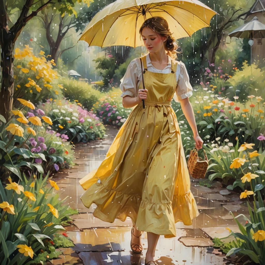 Girl in Garden with Umbrella: Impressionist Painting