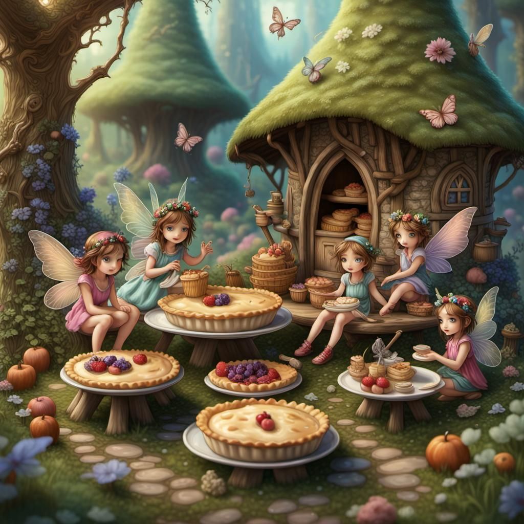 Pixies Picnic in Fairy Village, Detailed Matte Painting