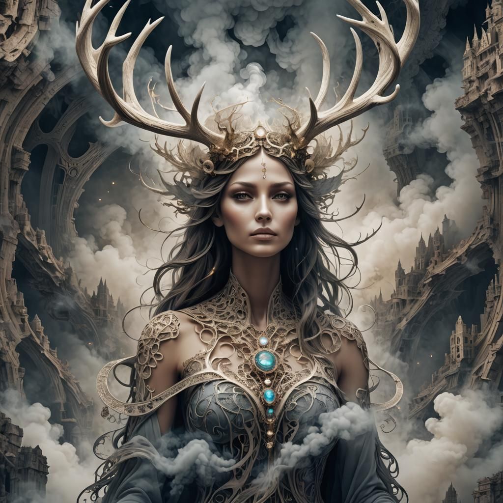 Mysterious Antlered Angel Above Ancient City